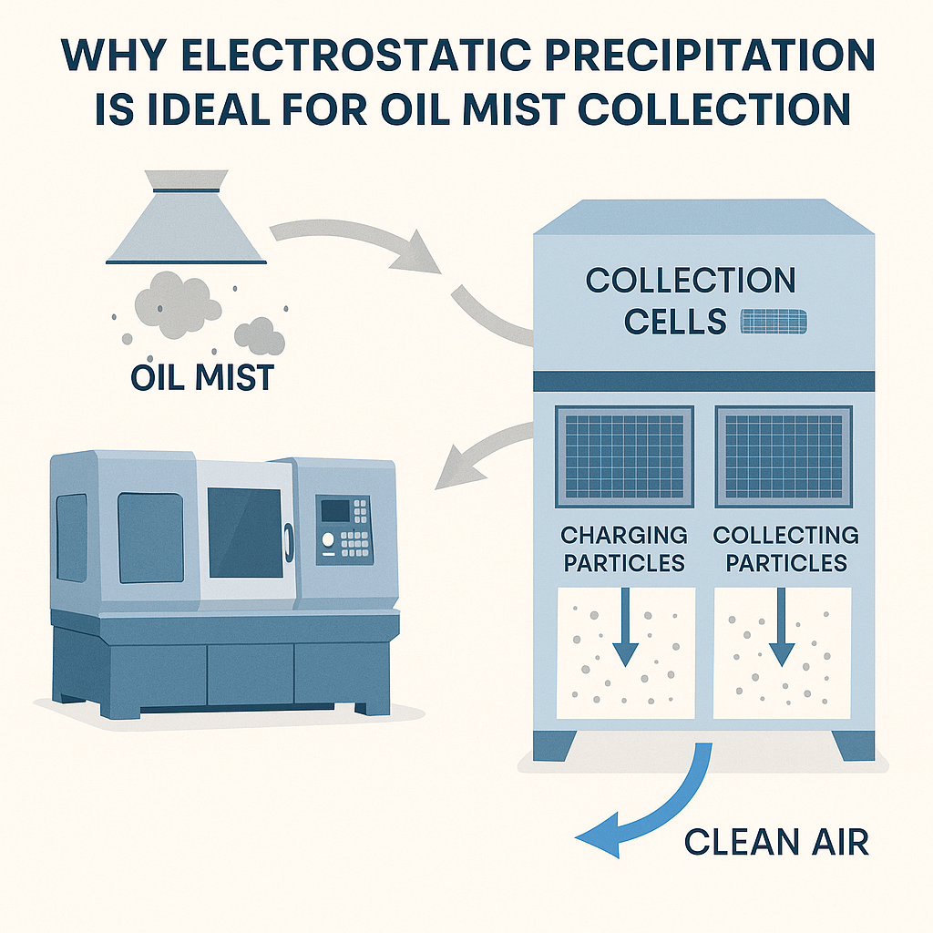 Diagram showing electrostatic precipitation for oil mist collection, with oil mist generated by a CNC machine being charged, collected in cells, and released as clean air.
