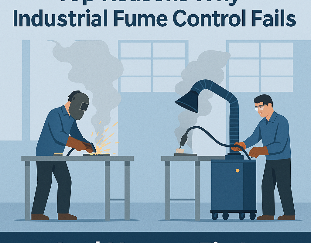 Industrial workshop with two stations, one using a portable fume extractor capturing welding fumes effectively, while the other shows fumes spreading due to poor extraction.