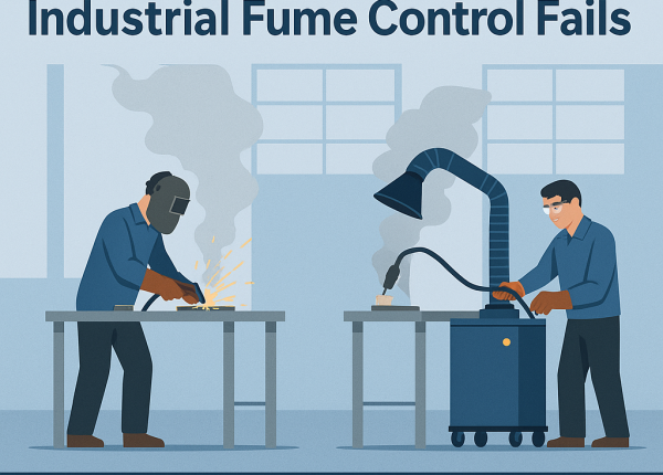Industrial workshop with two stations, one using a portable fume extractor capturing welding fumes effectively, while the other shows fumes spreading due to poor extraction.