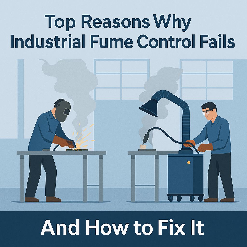 Industrial workshop with two stations, one using a portable fume extractor capturing welding fumes effectively, while the other shows fumes spreading due to poor extraction.