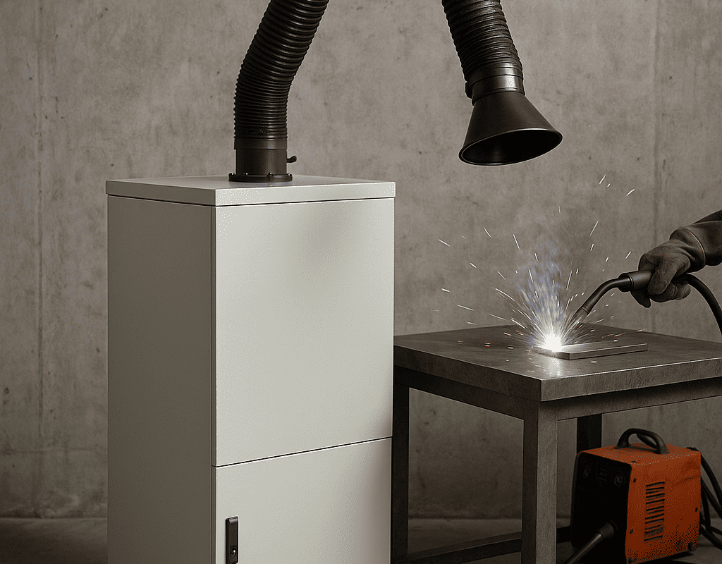 Fume extraction system connected to a welding station, showing a flexible suction arm capturing fumes directly above the weld area in a clean workshop.