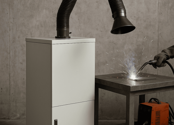 Fume extraction system connected to a welding station, showing a flexible suction arm capturing fumes directly above the weld area in a clean workshop.