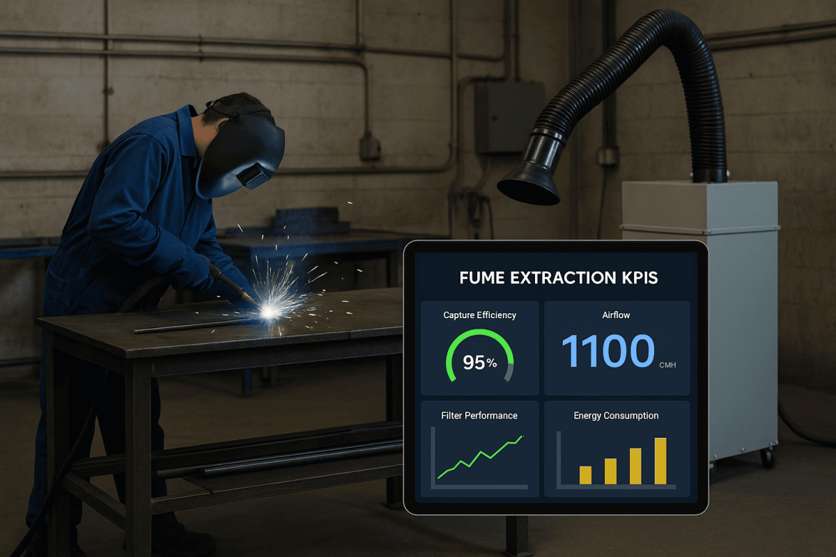 Worker welding metal on a workbench with a fume extraction system operating nearby and a digital display showing KPIs like capture efficiency, airflow, and filter performance.