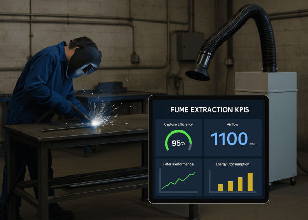 Worker welding metal on a workbench with a fume extraction system operating nearby and a digital display showing KPIs like capture efficiency, airflow, and filter performance.
