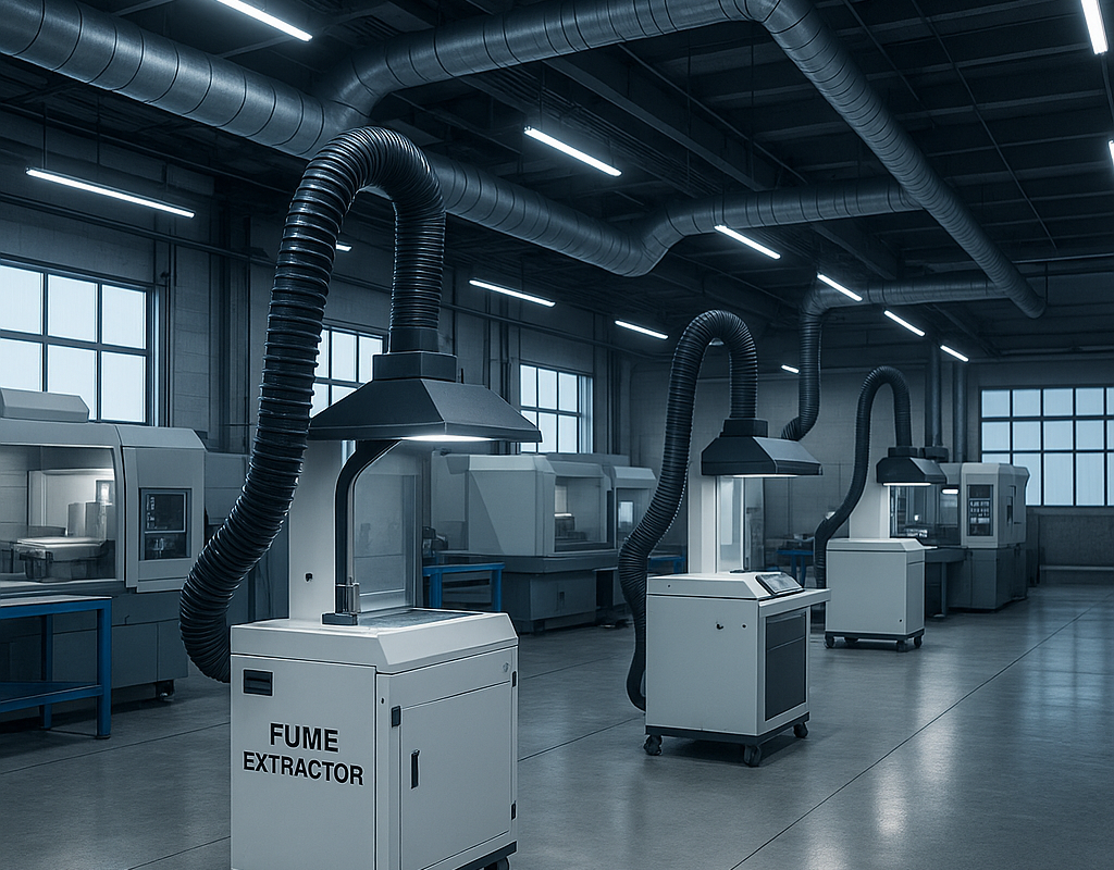 3D-rendered industrial workshop with multiple CNC machines and advanced fume extractor units featuring flexible suction arms, representing futuristic air filtration trends in 2025.