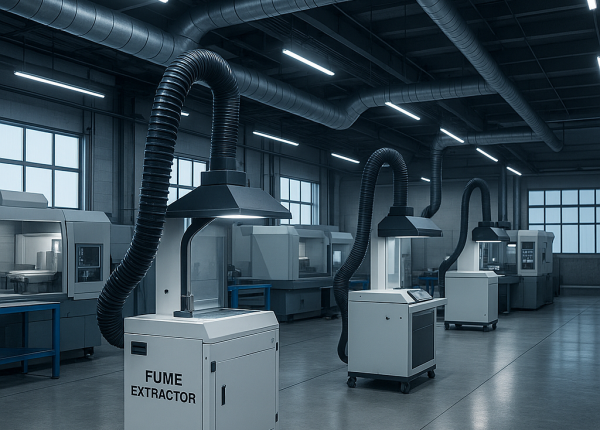 3D-rendered industrial workshop with multiple CNC machines and advanced fume extractor units featuring flexible suction arms, representing futuristic air filtration trends in 2025.
