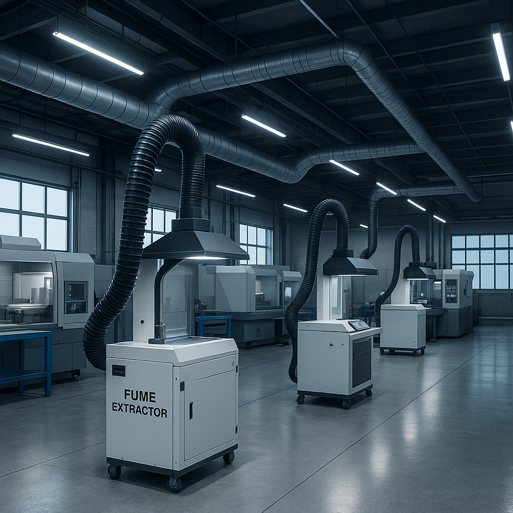 3D-rendered industrial workshop with multiple CNC machines and advanced fume extractor units featuring flexible suction arms, representing futuristic air filtration trends in 2025.
