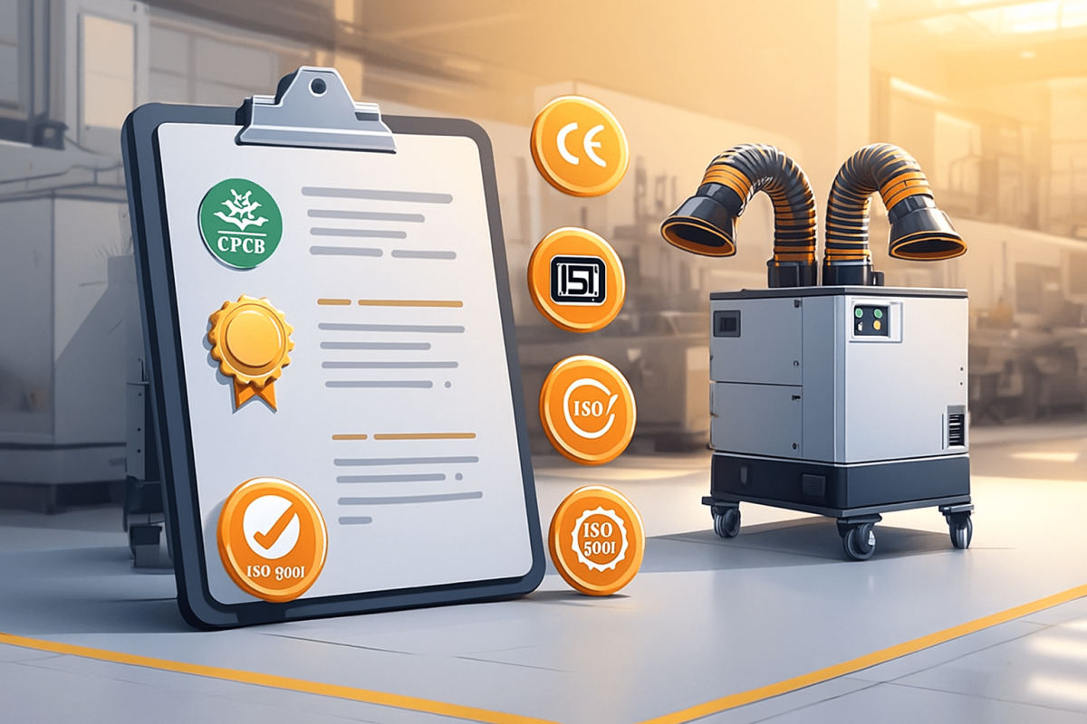 A digital illustration of an air filtration unit inside an industrial workshop, with certification badges such as CPCB, CE, ISI, and ISO floating beside it
