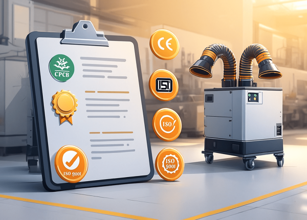 A digital illustration of an air filtration unit inside an industrial workshop, with certification badges such as CPCB, CE, ISI, and ISO floating beside it