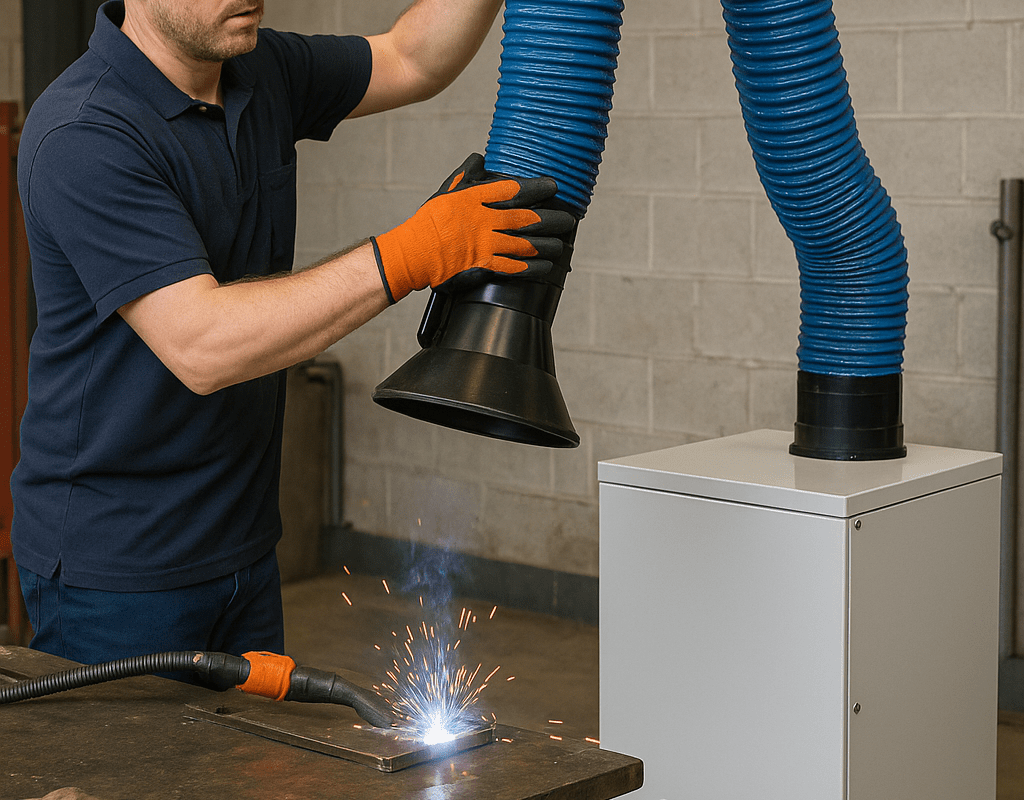 Technician adjusting a flexible suction arm of a fume extractor near an active welding station in an industrial workshop to ensure proper fume capture.