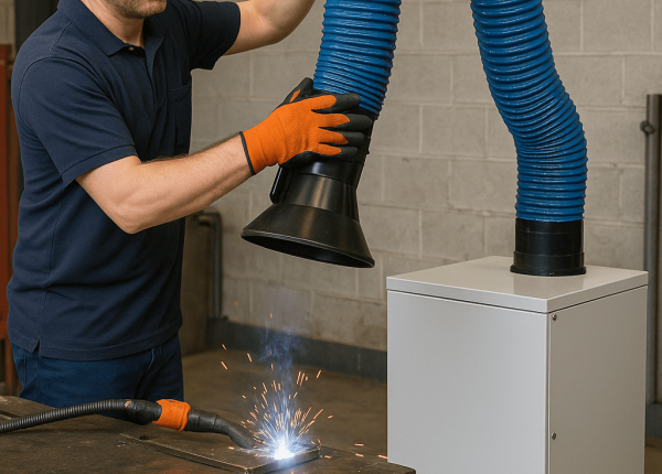 Technician adjusting a flexible suction arm of a fume extractor near an active welding station in an industrial workshop to ensure proper fume capture.