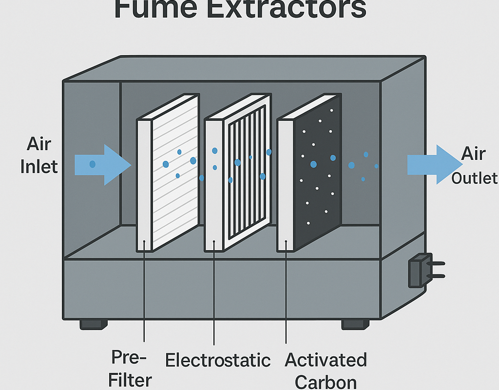 Cross-sectional illustration of a fume extractor showing four filtration stages — pre-filter, electrostatic filter, activated carbon filter, and clean air outlet — with labeled airflow paths.
