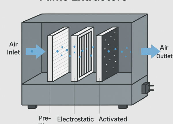 Cross-sectional illustration of a fume extractor showing four filtration stages — pre-filter, electrostatic filter, activated carbon filter, and clean air outlet — with labeled airflow paths.