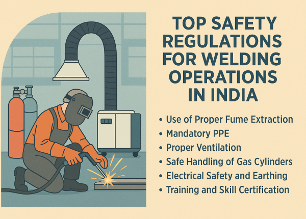 Flat-style illustration showing a welder using proper PPE with a fume extractor operating overhead, alongside a list of top welding safety regulations in India.