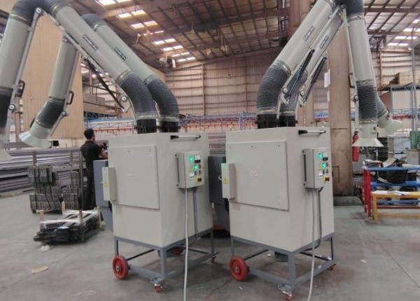 Two FumeKiller model FK3600VEM units equipped with twin flexible extractor arms to be used as welding fume extractors