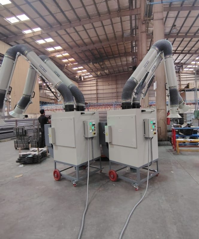 Two FumeKiller model FK3600VEM units equipped with twin flexible extractor arms to be used as welding fume extractors