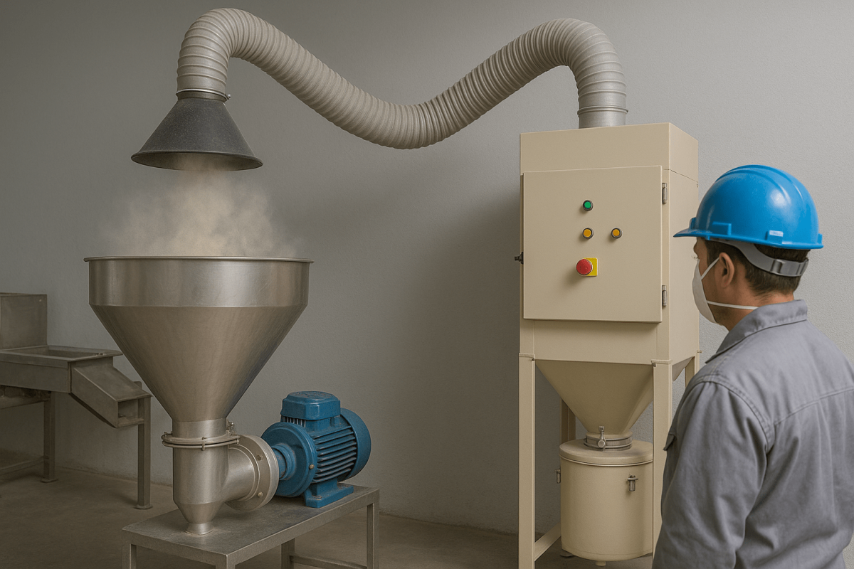 Worker monitoring a dust collection hood extracting fine powder from a food processing hopper in a clean industrial facility.