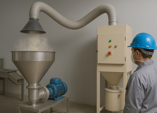 Worker monitoring a dust collection hood extracting fine powder from a food processing hopper in a clean industrial facility.