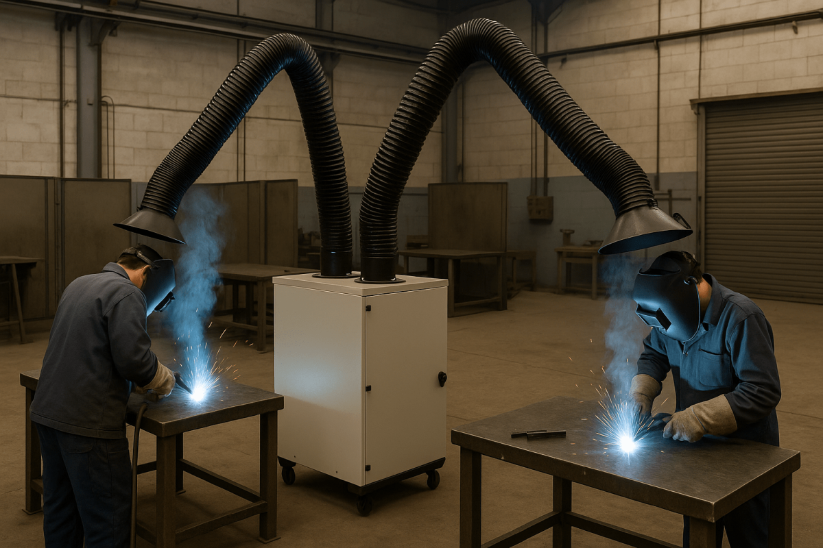 Photorealistic image of two welders working at separate stations in an industrial workshop, with a central fume extraction unit equipped with twin flexible suction arms capturing welding fumes at both work areas.