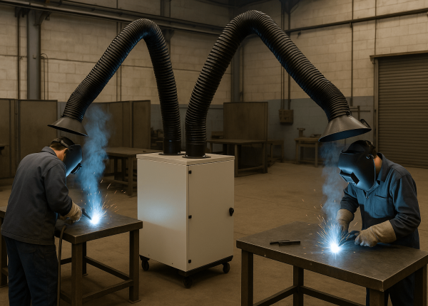 Photorealistic image of two welders working at separate stations in an industrial workshop, with a central fume extraction unit equipped with twin flexible suction arms capturing welding fumes at both work areas.