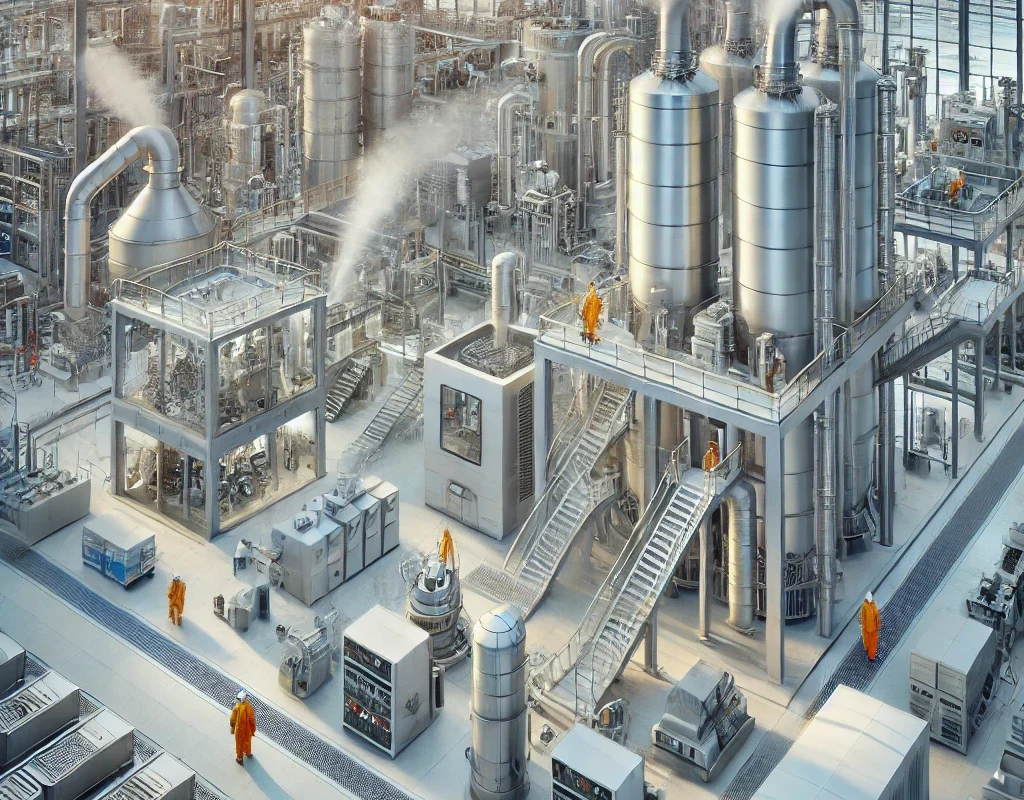 AI generated image of a plant in operation with fumes being released from some equipment.
