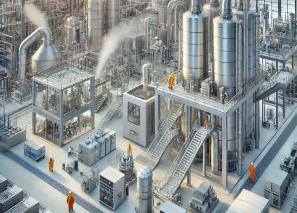 AI generated image of a plant in operation with fumes being released from some equipment.