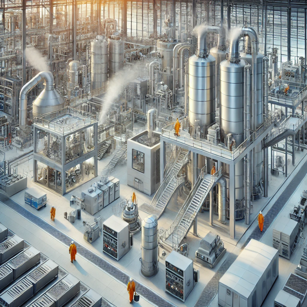 AI generated image of a plant in operation with fumes being released from some equipment.