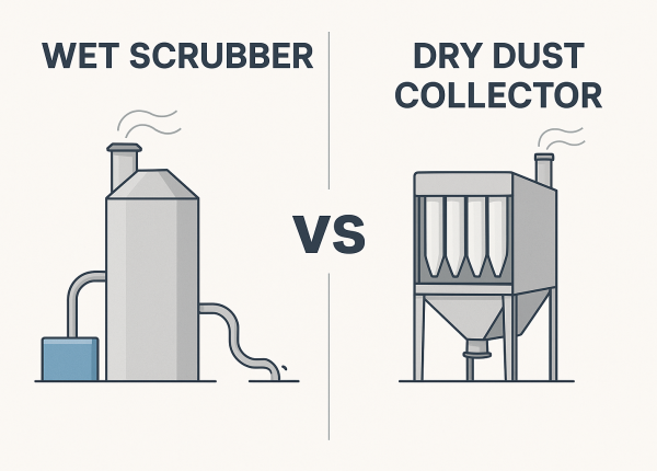 Illustration comparing a wet scrubber and a dry dust collector side by side with simple industrial equipment visuals.