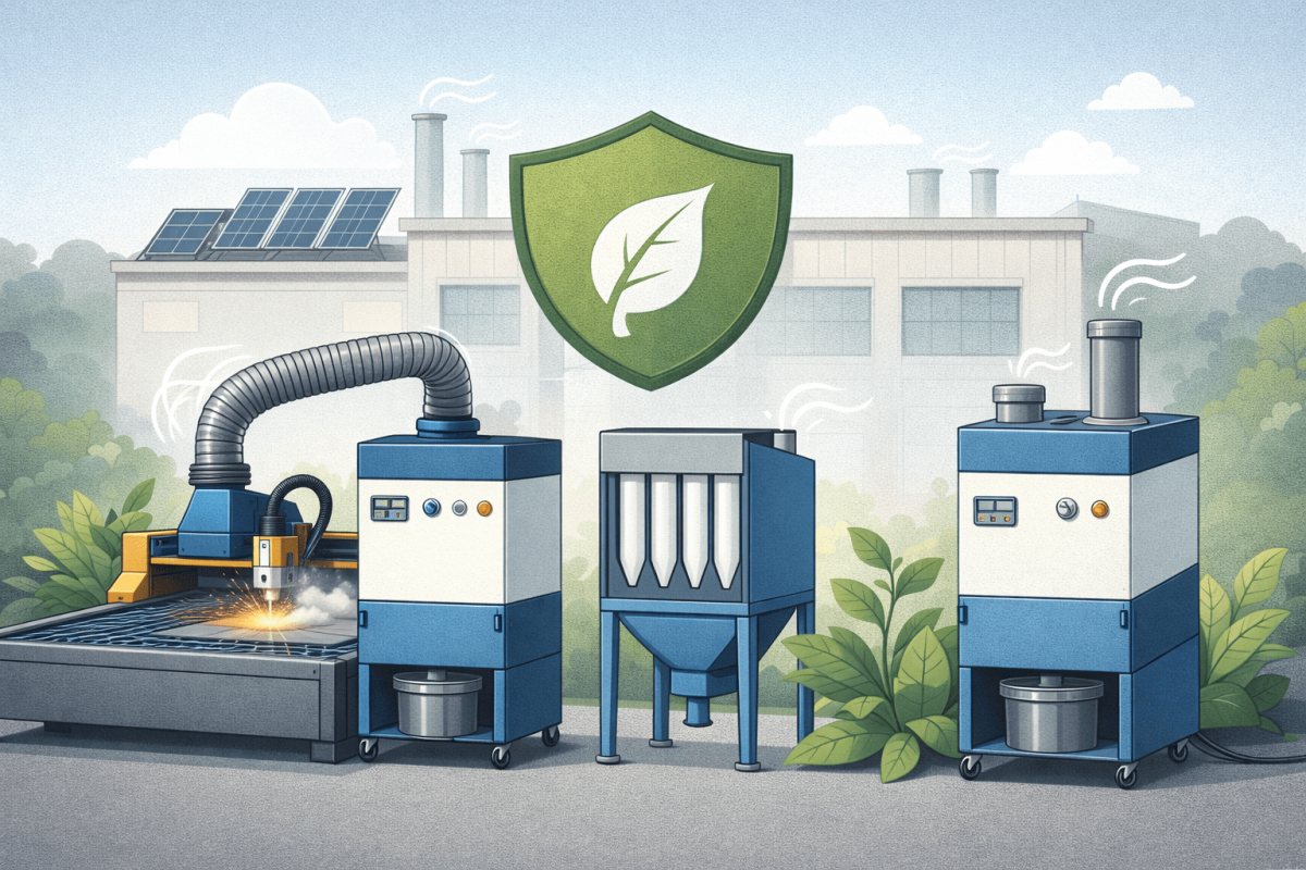 Industrial air pollution control systems operating in a factory environment to support green manufacturing practices.