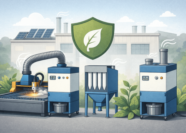 Industrial air pollution control systems operating in a factory environment to support green manufacturing practices.