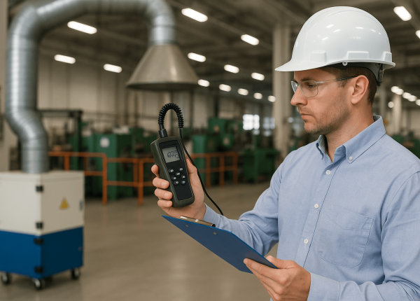 Worker checking air quality with a handheld meter inside an industrial facility.