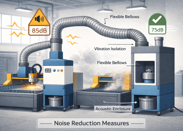 Air pollution control system with noise reduction features operating in an industrial workshop environment.