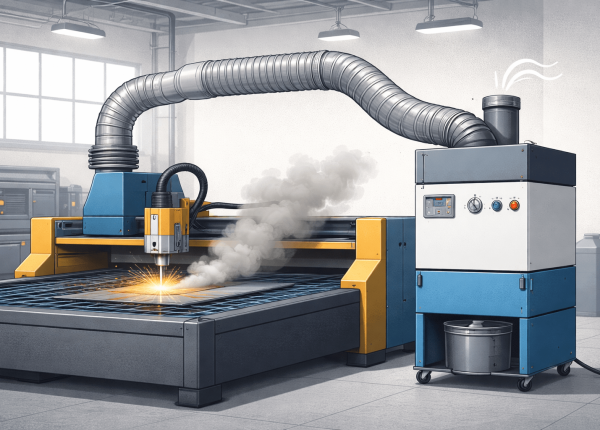 Smoke extraction system capturing metal cutting fumes from a CNC cutting machine inside an industrial workshop.