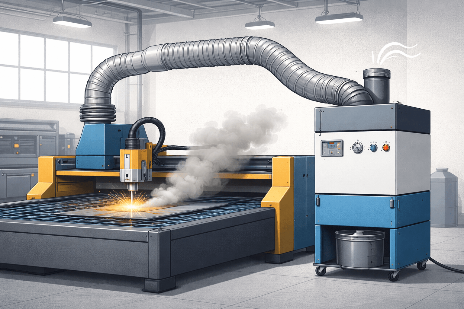 Smoke extraction system capturing metal cutting fumes from a CNC cutting machine inside an industrial workshop.