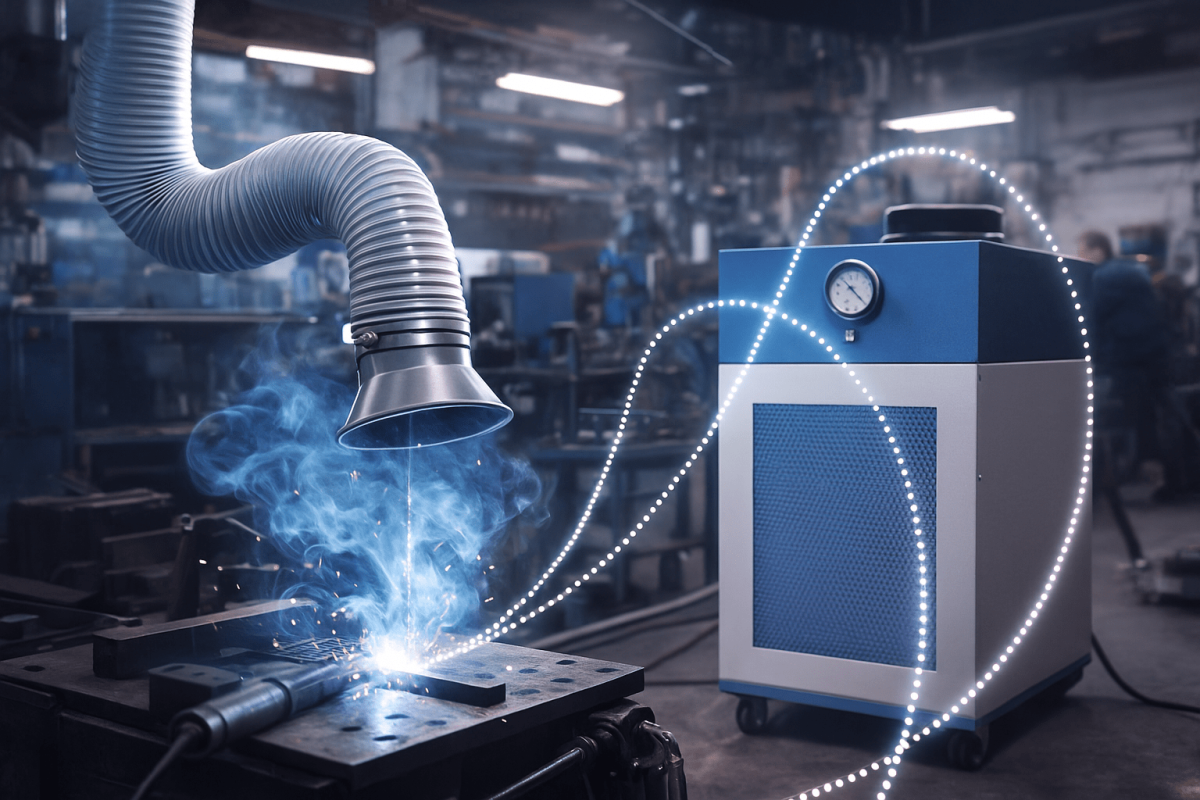 Fume extractor arm capturing welding fumes above a workbench in an industrial workshop.