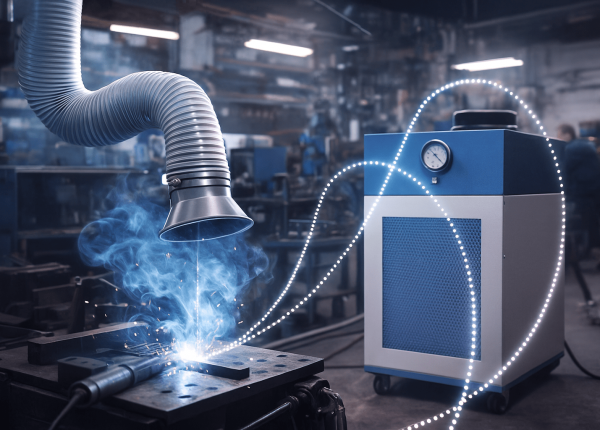Fume extractor arm capturing welding fumes above a workbench in an industrial workshop.