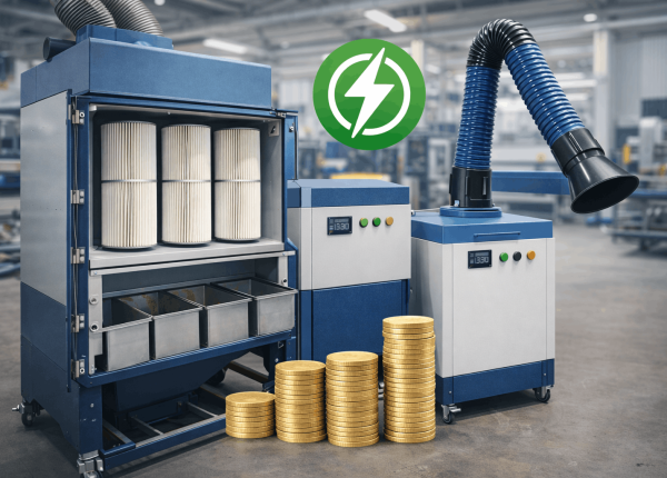 Energy-efficient air pollution control equipment operating in an industrial workshop with fume and dust extraction systems.