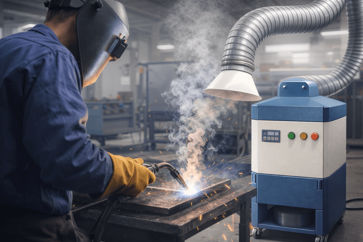 Welder working at a station with a welding fume extractor capturing fumes through a flexible suction arm