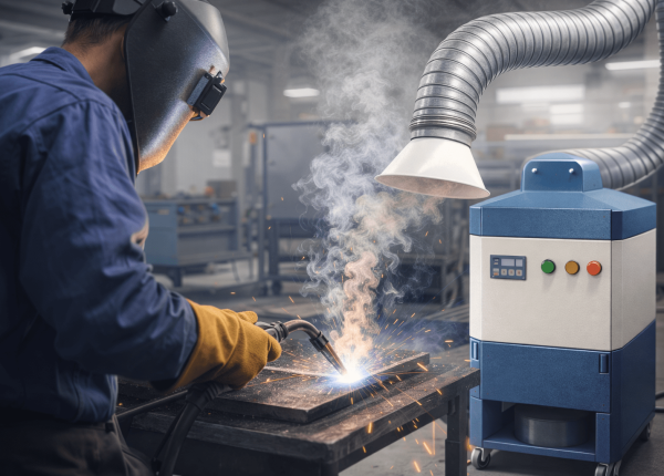 Welder working at a station with a welding fume extractor capturing fumes through a flexible suction arm