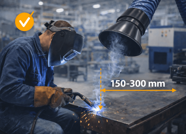 Welding fume extractor hood positioned 150–300 mm from the welding point to capture fumes effectively.