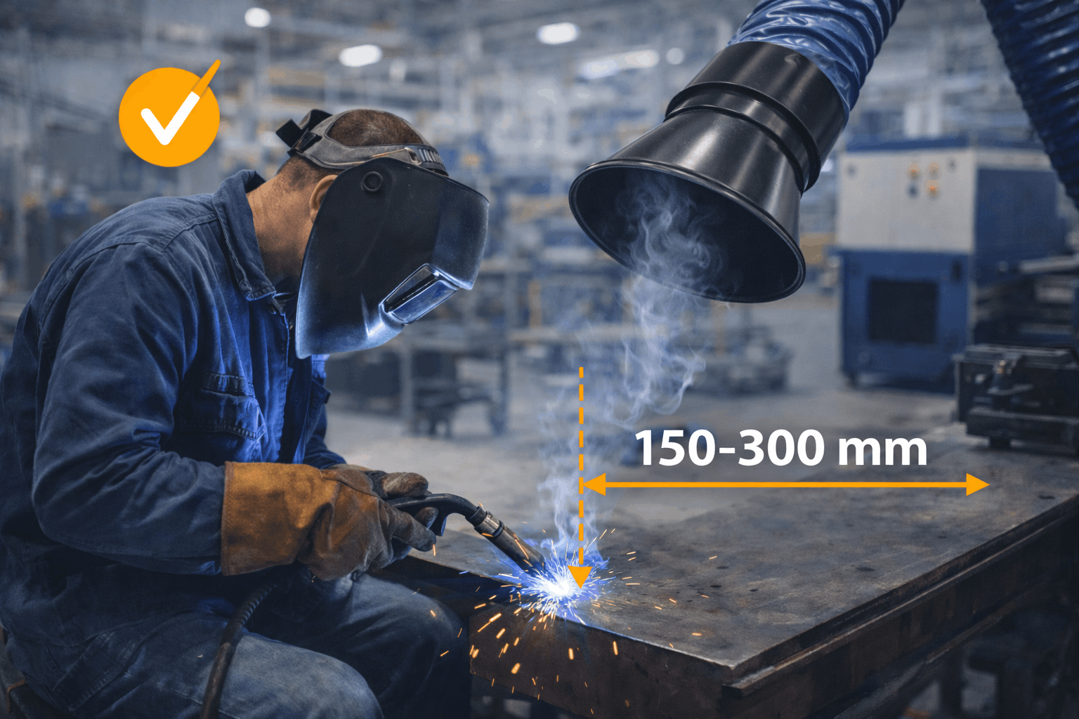 Welding fume extractor hood positioned 150–300 mm from the welding point to capture fumes effectively.