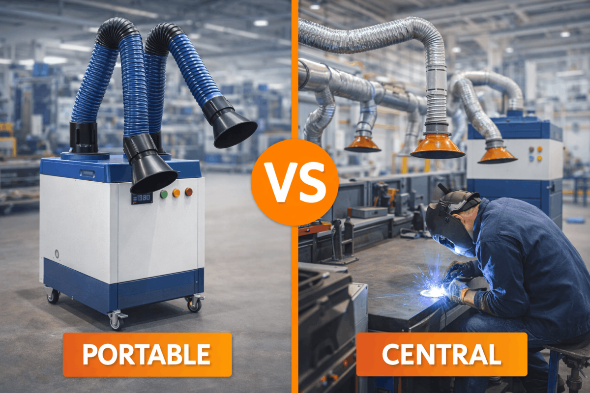 Portable welding fume extractor compared with a central welding fume extraction system inside an industrial workshop.