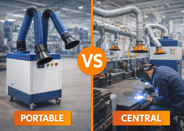 Portable welding fume extractor compared with a central welding fume extraction system inside an industrial workshop.