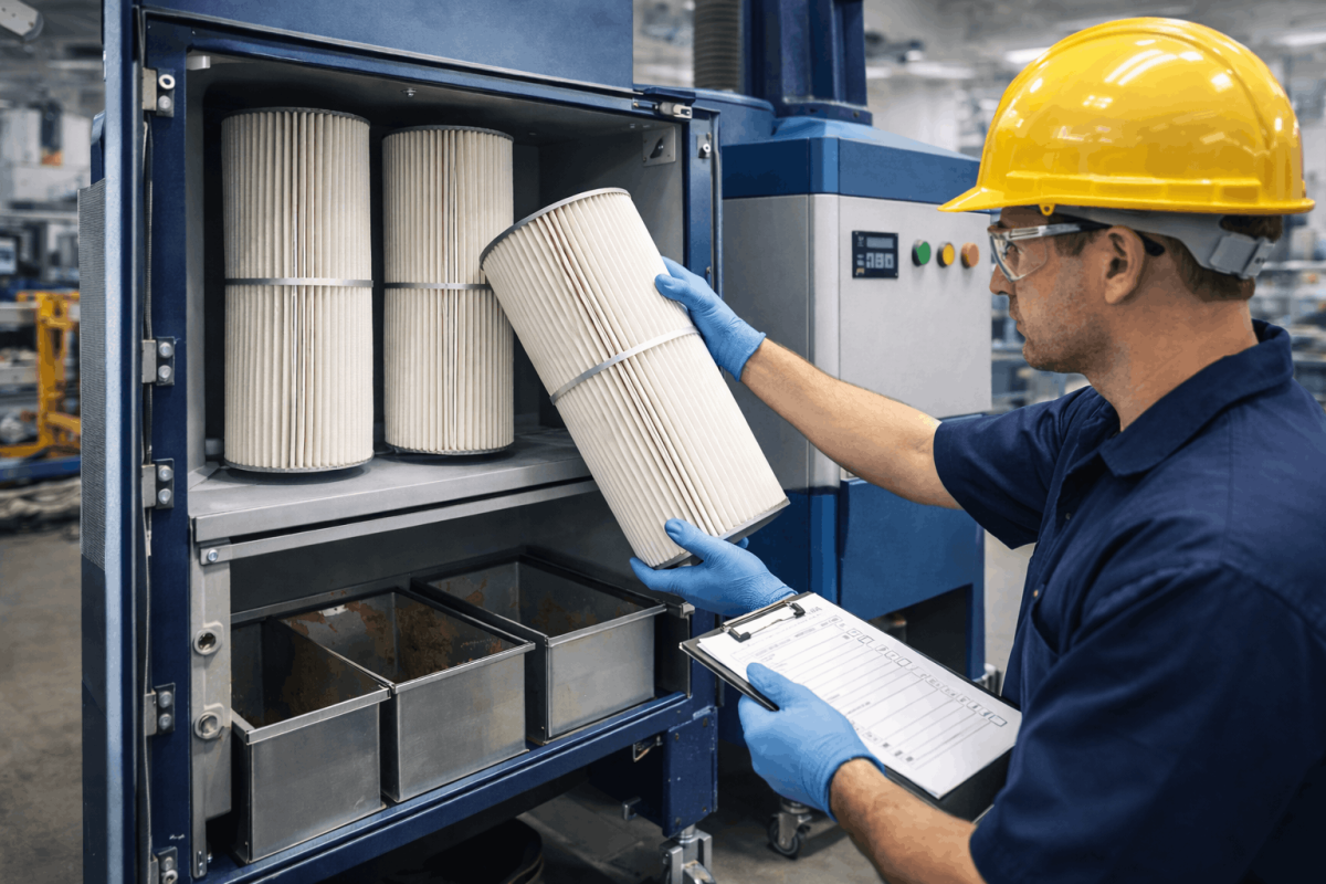 Technician removing a cartridge filter from an industrial dust collector during routine preventive maintenance.