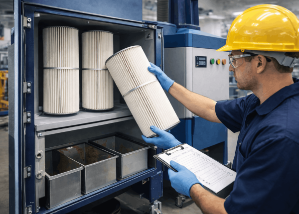 Technician removing a cartridge filter from an industrial dust collector during routine preventive maintenance.