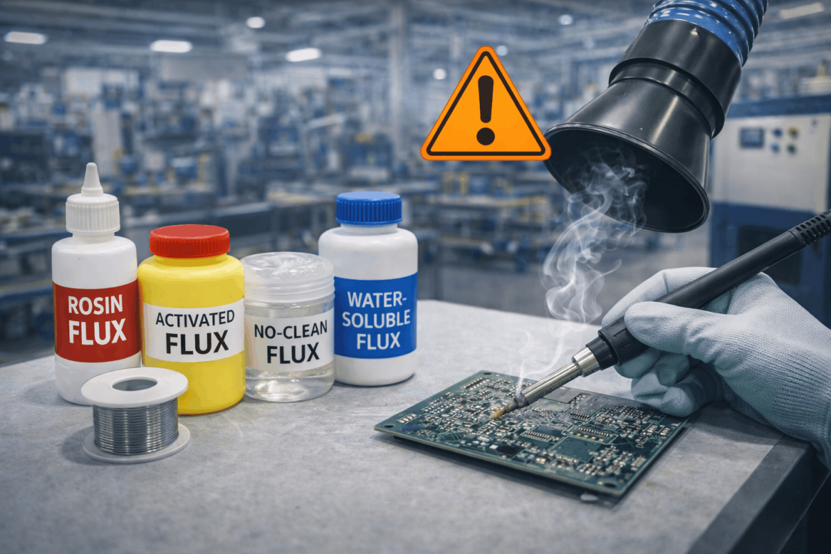 Soldering workstation with visible flux fumes being captured by a soldering fume extractor during PCB assembly.