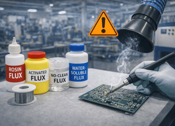 Soldering workstation with visible flux fumes being captured by a soldering fume extractor during PCB assembly.