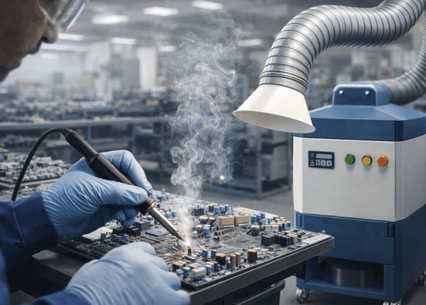 Electronics assembly workstation using a soldering fume extractor to capture fumes during PCB soldering operations.