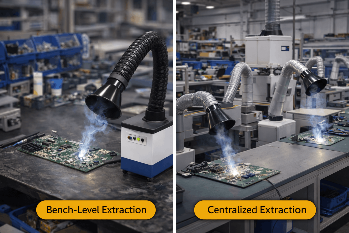 Comparison of bench-level and centralized soldering fume extractors