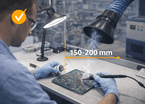 Soldering workstation with a fume extractor hood positioned near the soldering point to capture flux fumes effectively.